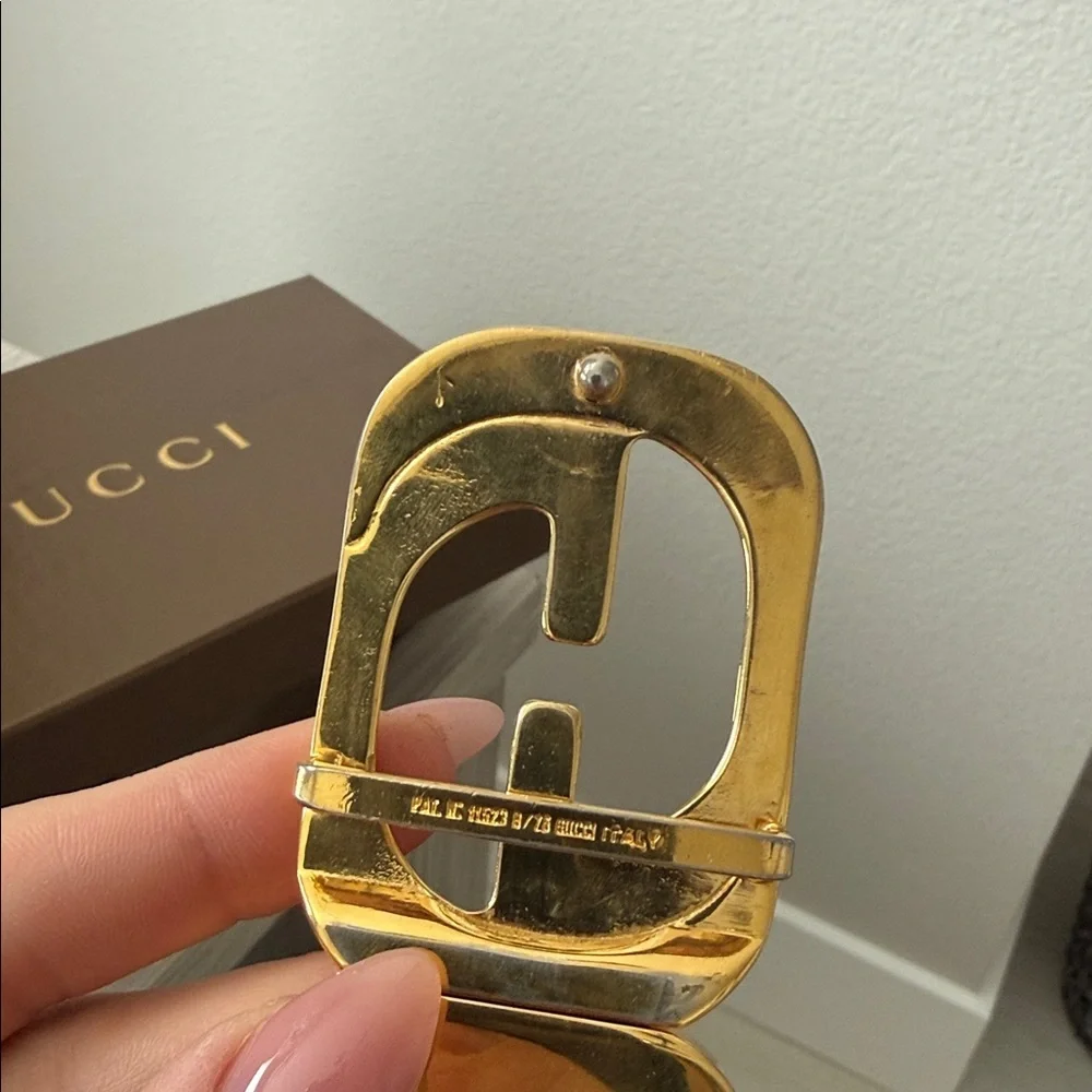 75 Gucci Beige/Black GG Canvas Leather Belt with Gold Double G Buckle reversible